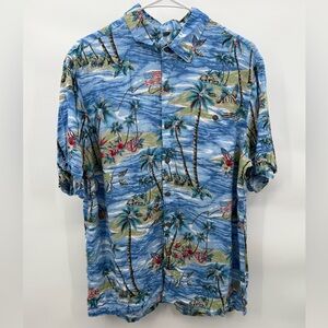 Blue Hawaiian Palm Print Short Sleeve Button-Down Shirt